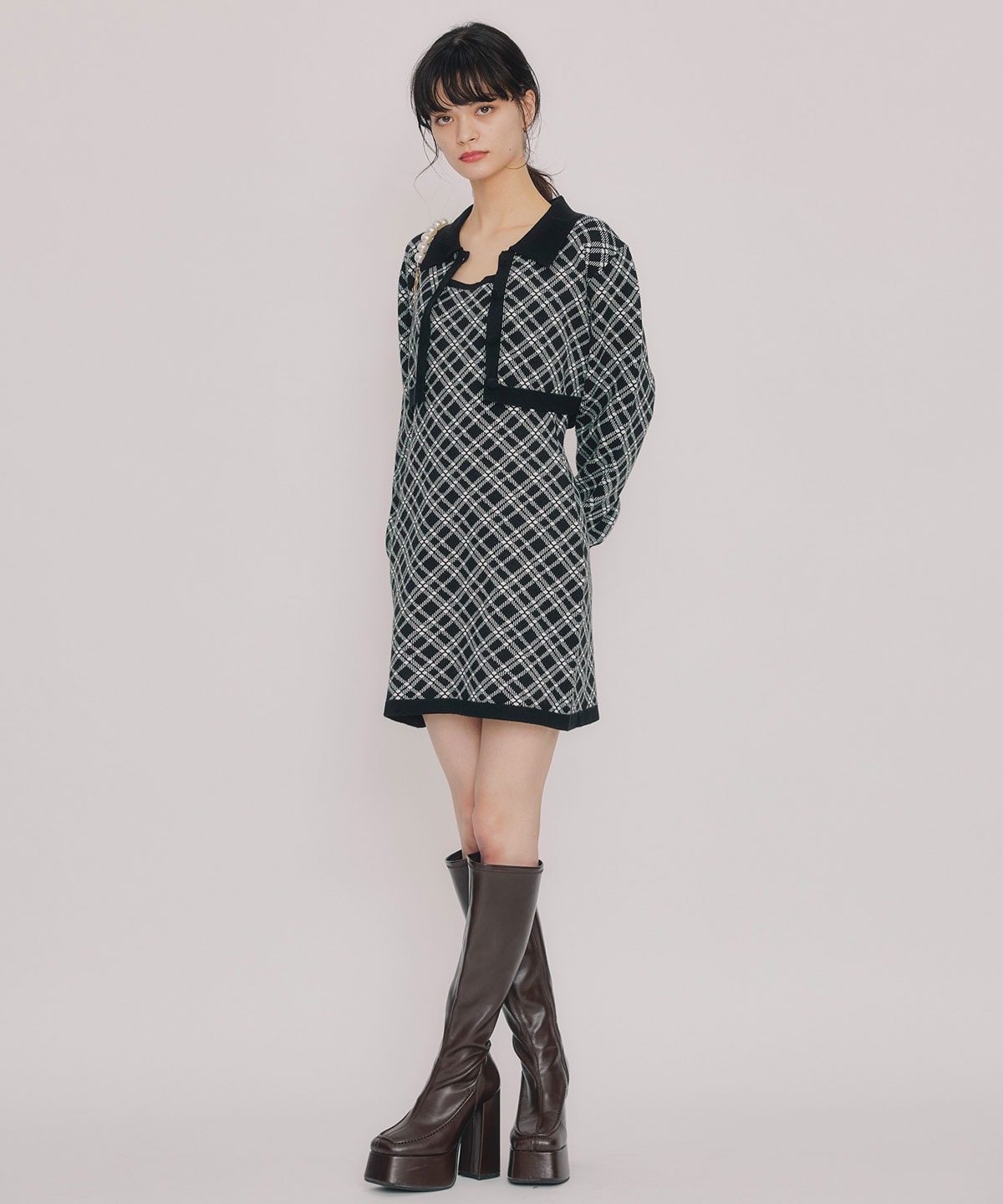 クラシカルニットカーディガン×キャミソールニットワンピースセットアップ