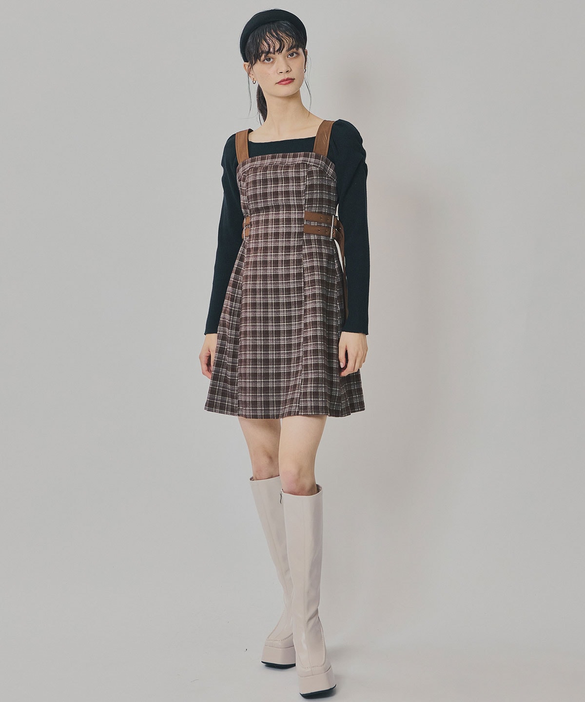 チェックショートジャケット×Wベルトワンピースセットアップ