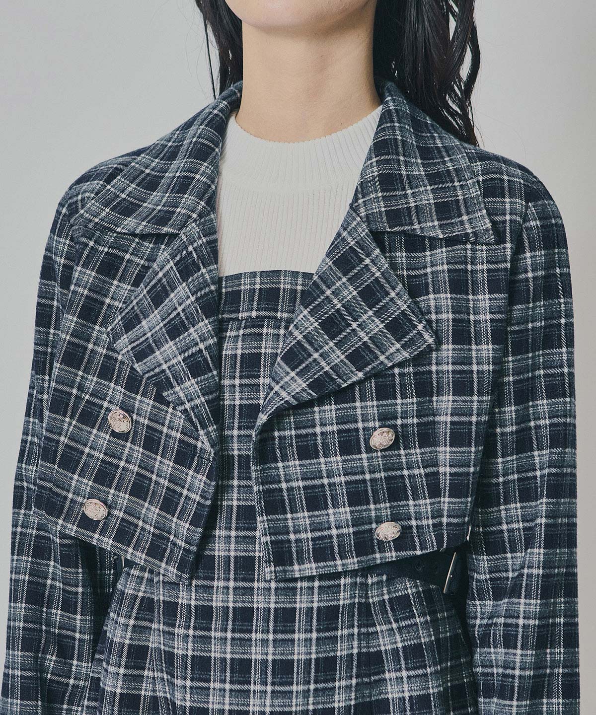 チェックショートジャケット×Wベルトワンピースセットアップ