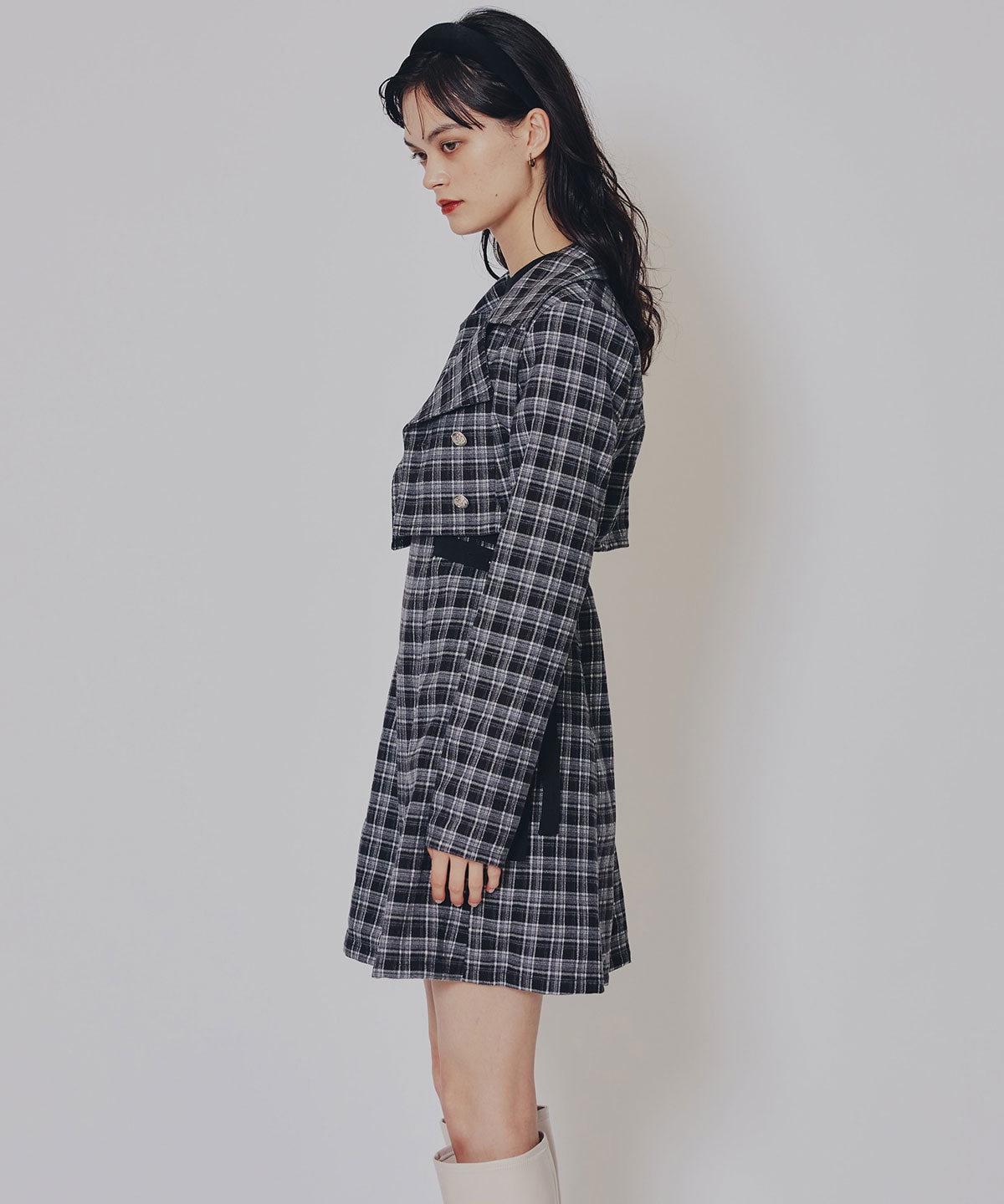 チェックショートジャケット×Wベルトワンピースセットアップ