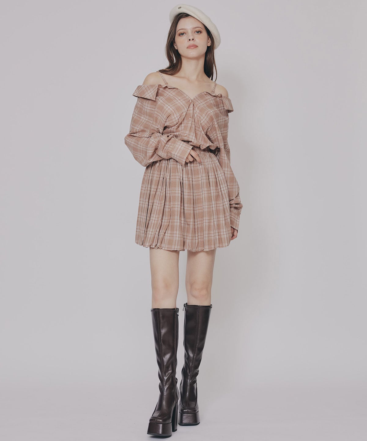 マルチWAYチェックブラウス×バルーンスカートセットアップ