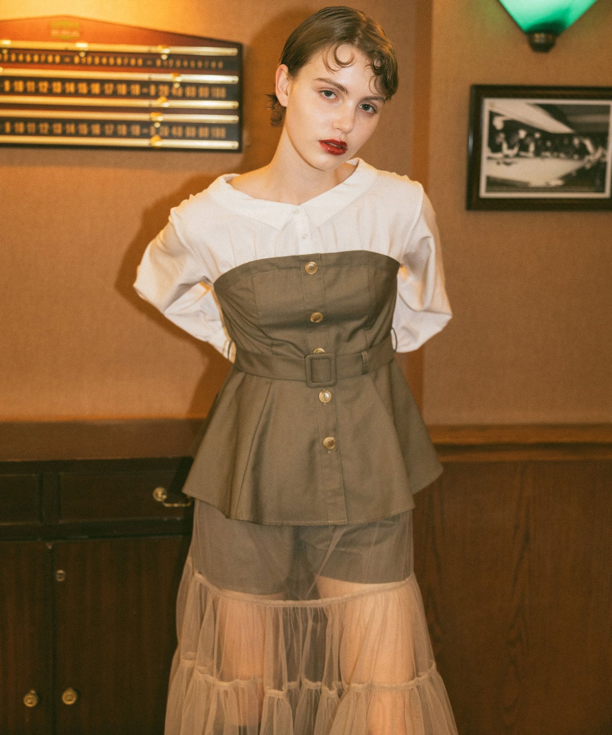 シャツドッキングチュールワンピース&ショートパンツセットアップ