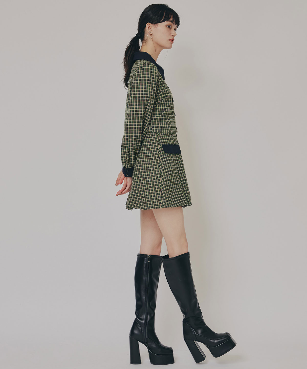 バイカラークラシックチェックブラウス×ミニスカートセットアップ