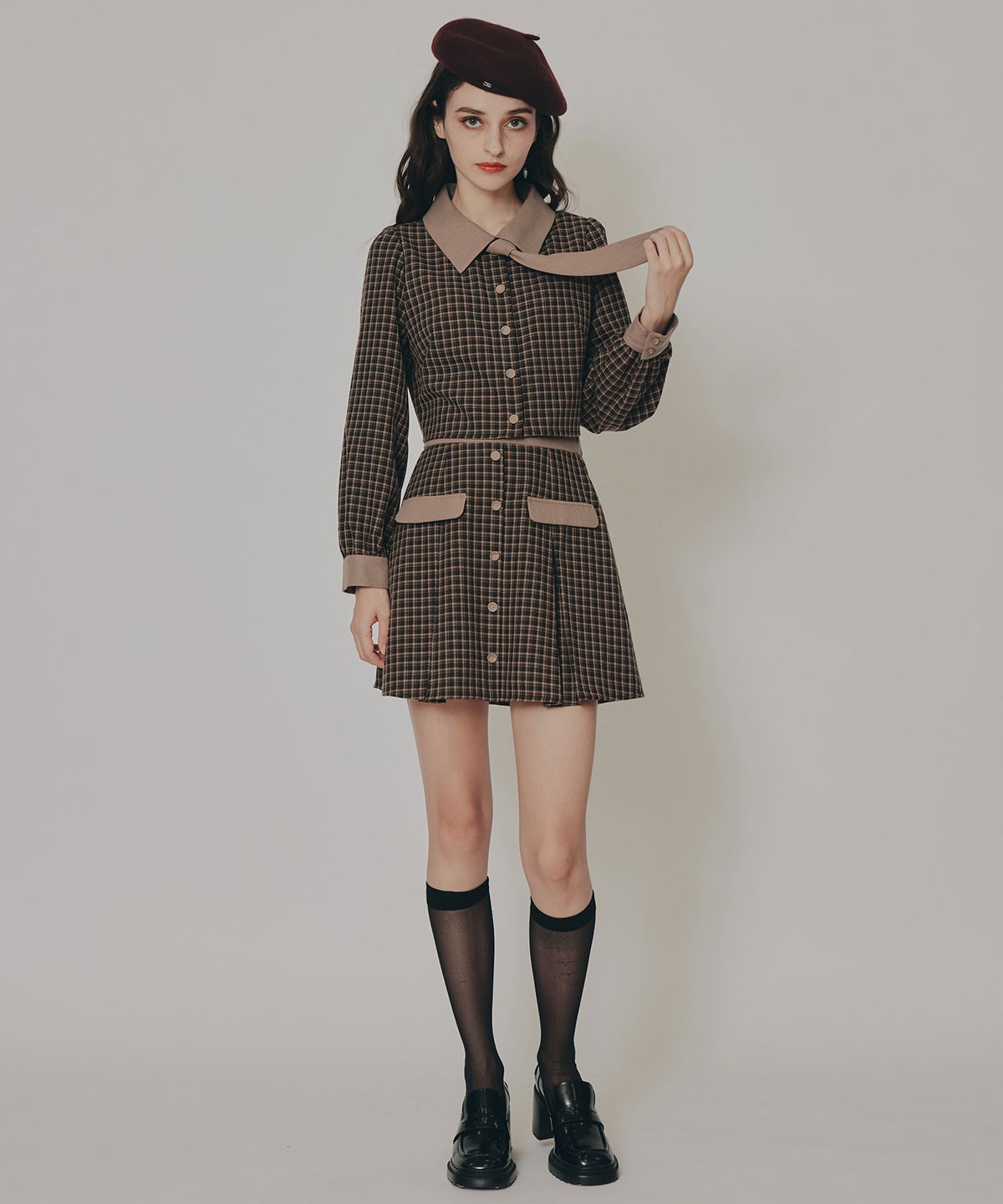 バイカラークラシックチェックブラウス×ミニスカートセットアップ