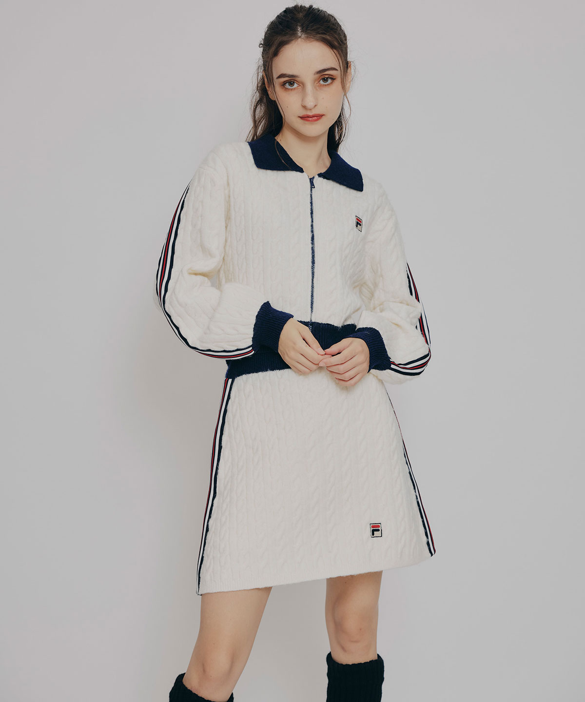 ［FILA×REDYAZEL］ケーブルニットトリコロールラインジャケット×タイトミニスカートセットアップ