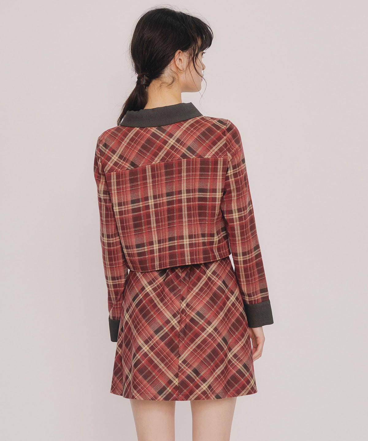 バイアスチェックショートブラウス×プリーツミニスカートセットアップ