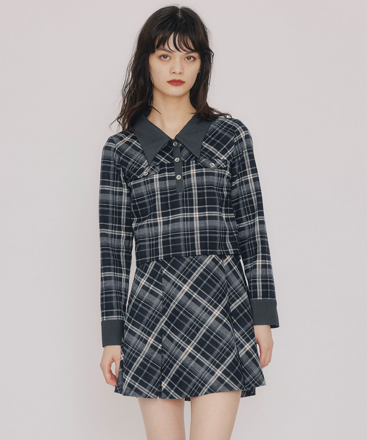 バイアスチェックショートブラウス×プリーツミニスカートセットアップ