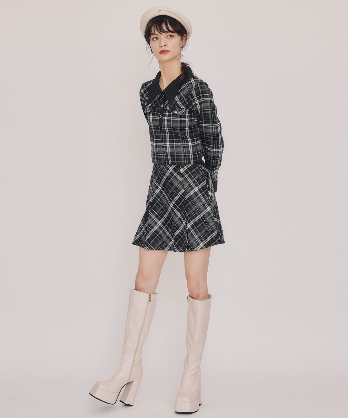 バイアスチェックショートブラウス×プリーツミニスカートセットアップ