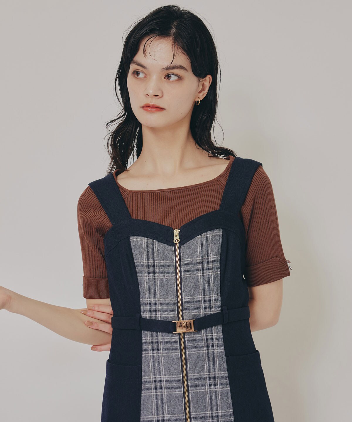 フロントジップバイカラーチェックワンピース