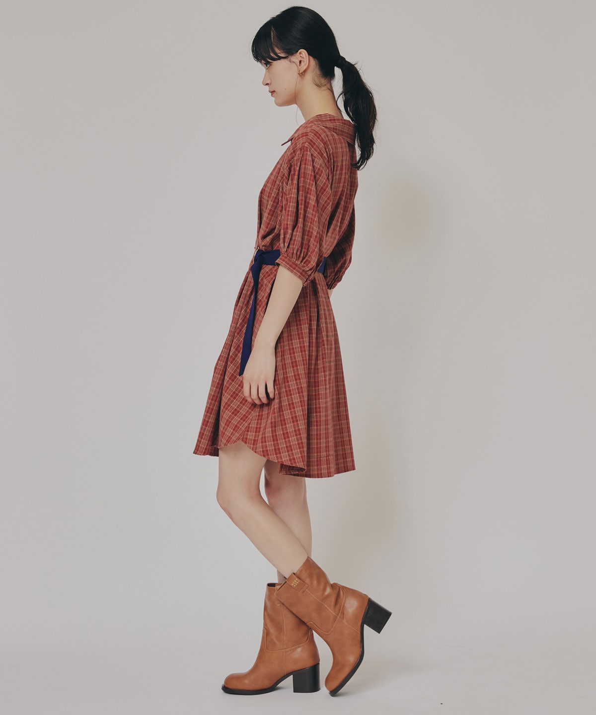チェックバイカラーウエストベルトシャツワンピース