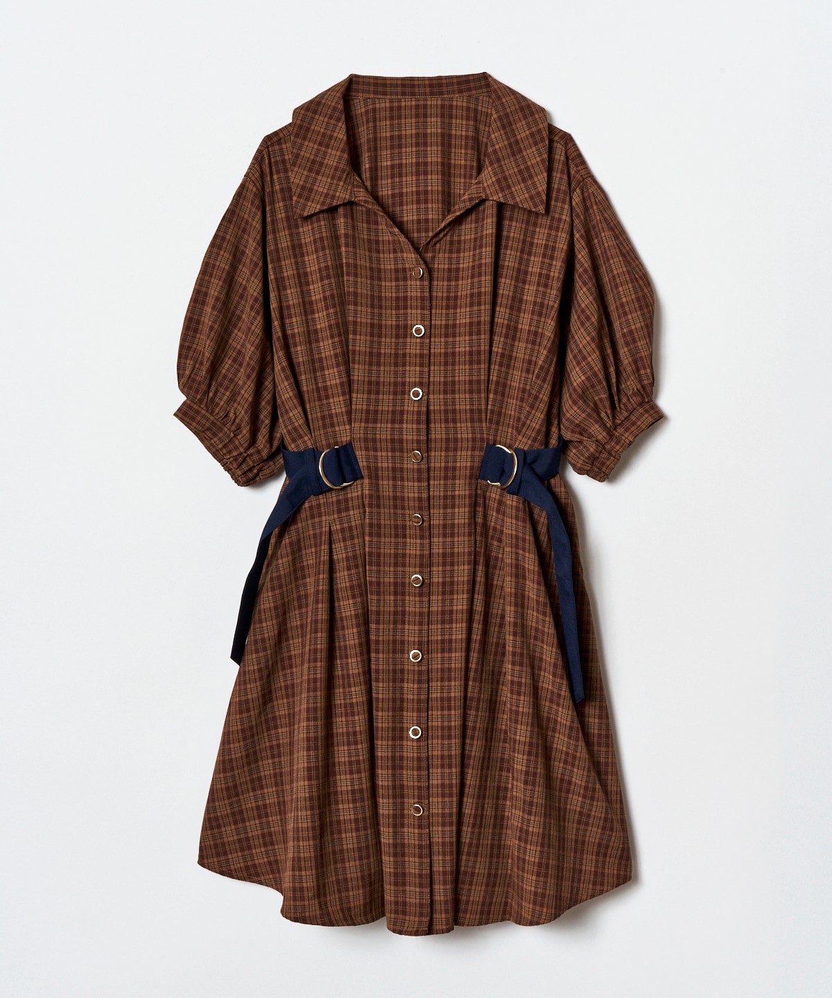 チェックバイカラーウエストベルトシャツワンピース