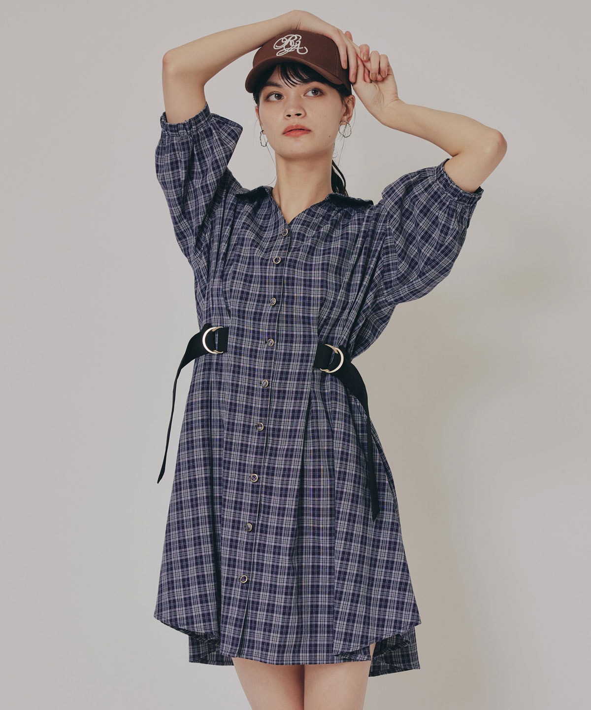 チェックバイカラーウエストベルトシャツワンピース