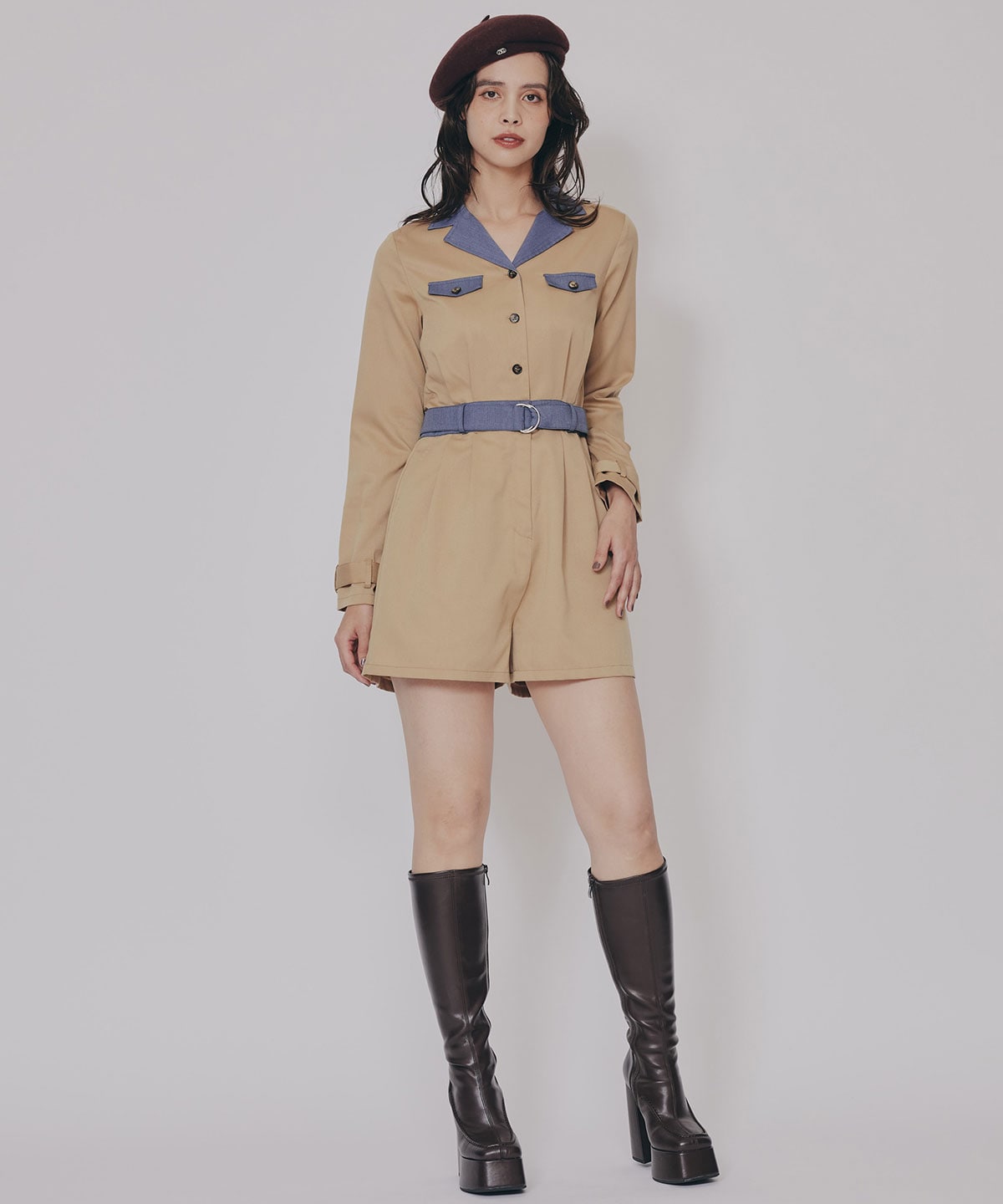 バイカラーベルトショートオールインワン