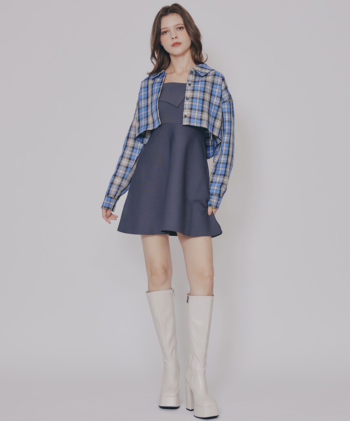 チェックショートシャツ×ニットミニワンピース