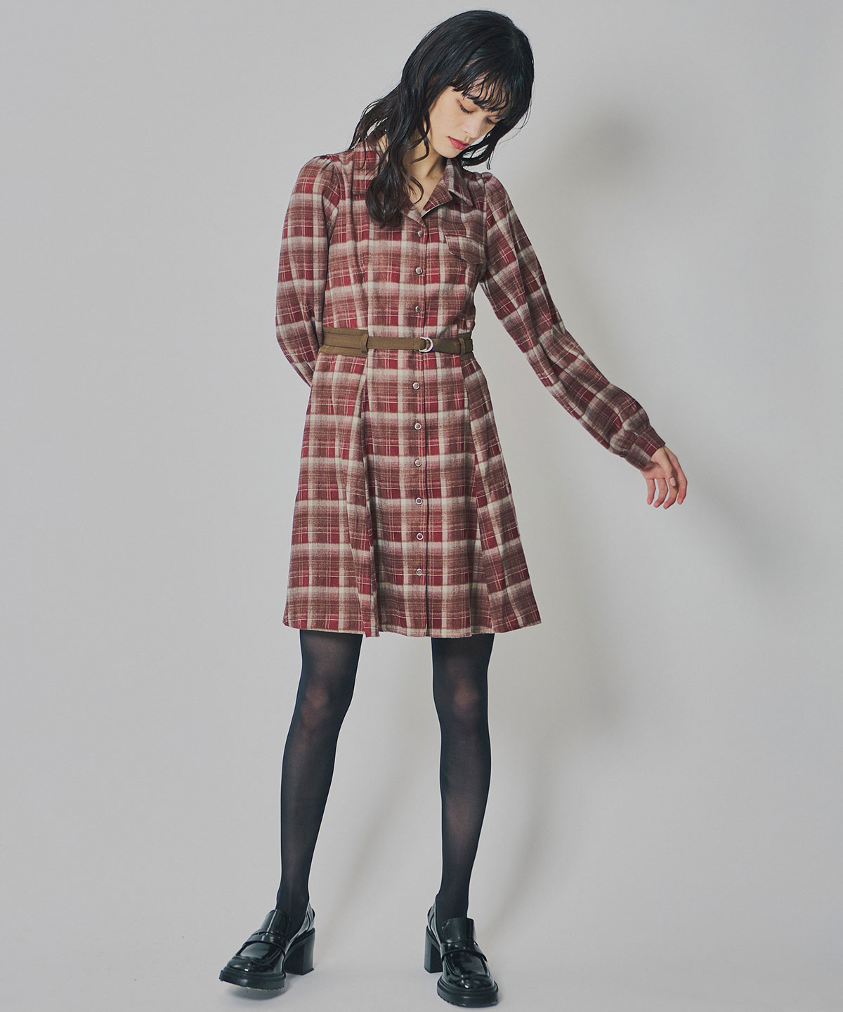 ウエストベルトチェックミニワンピース