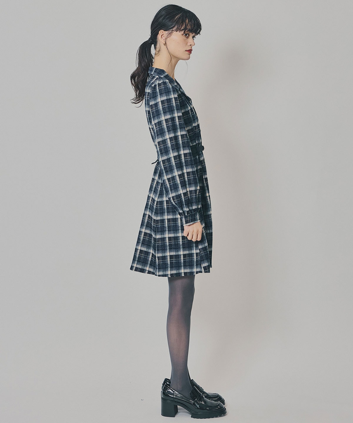 ウエストベルトチェックミニワンピース