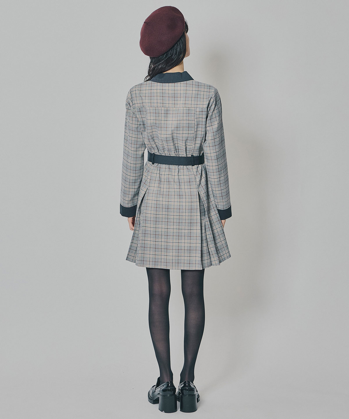 バイカラーチェックボックスプリーツシャツミニワンピース