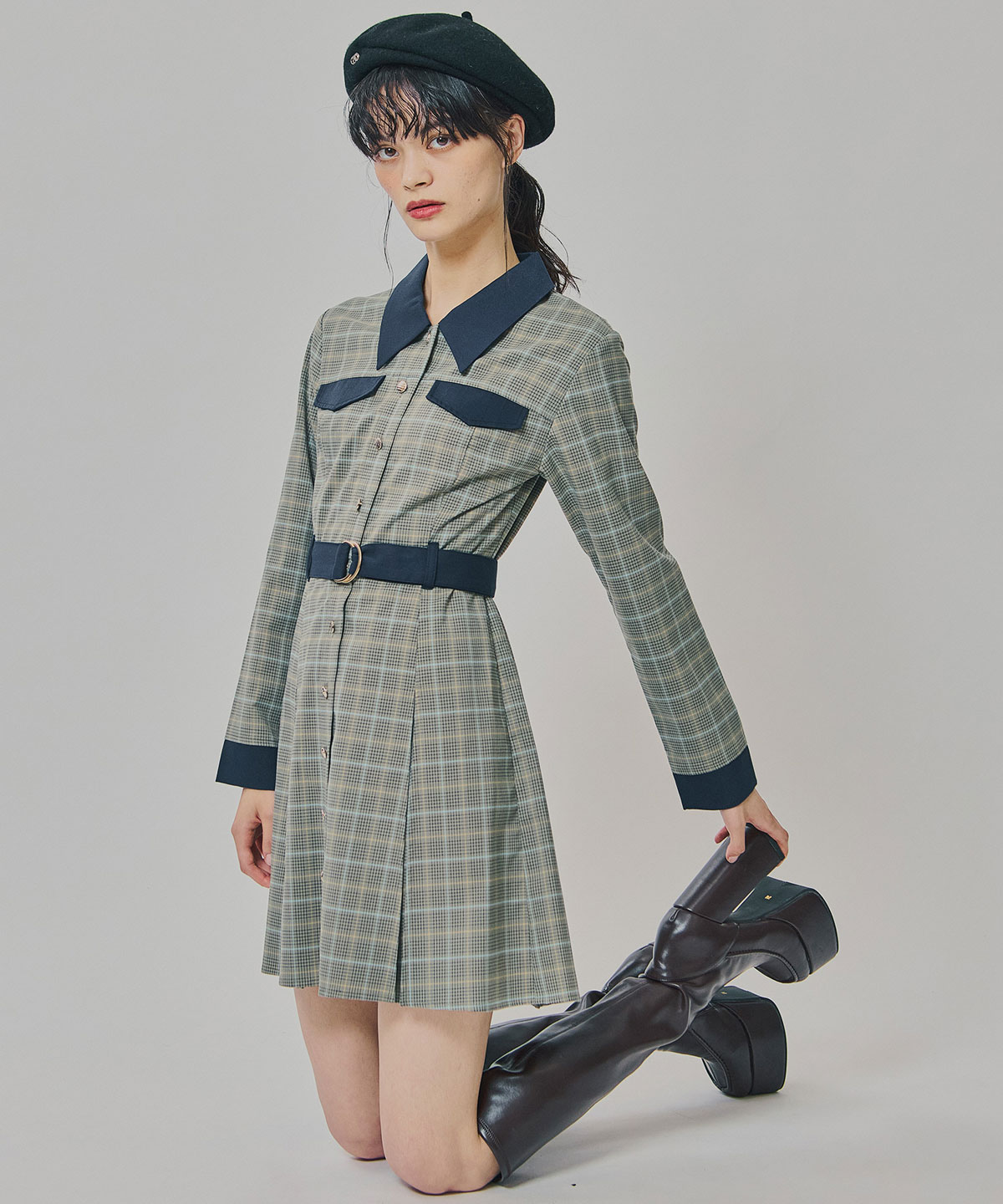 バイカラーチェックボックスプリーツシャツミニワンピース