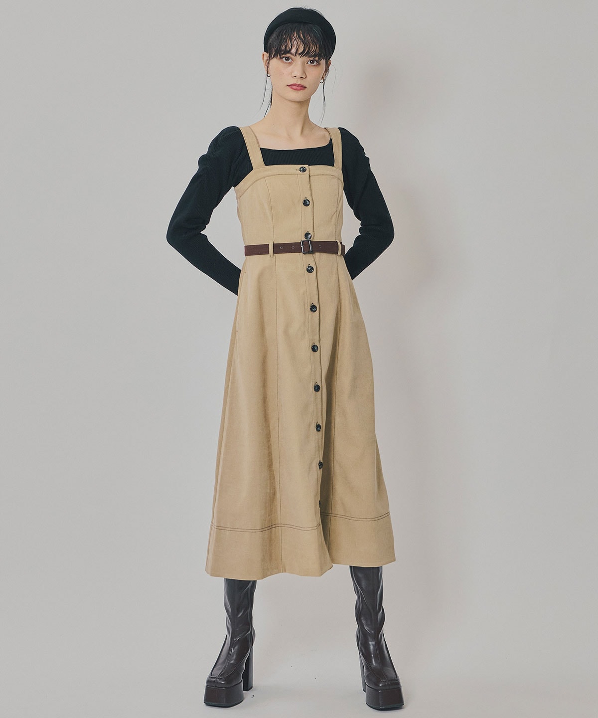 スエードライクショートジャケット×バイカラーワンピースセットアップ