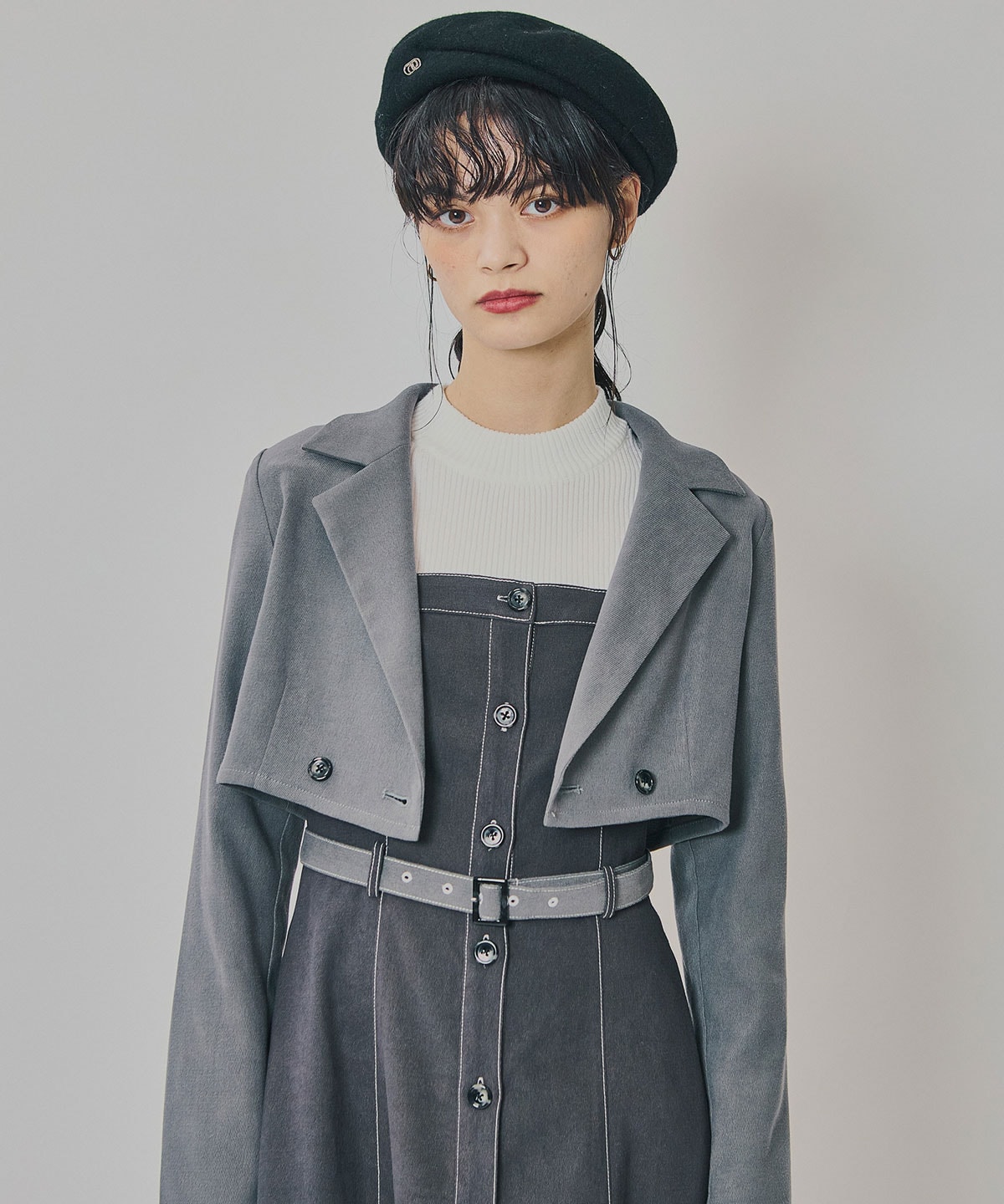 スエードライクショートジャケット×バイカラーワンピースセットアップ