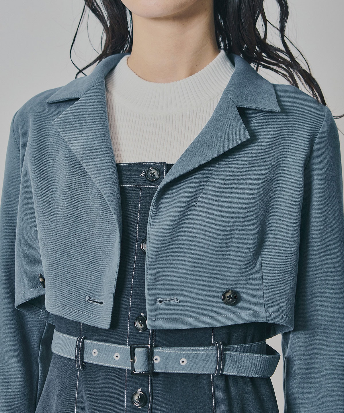 スエードライクショートジャケット×バイカラーワンピースセットアップ