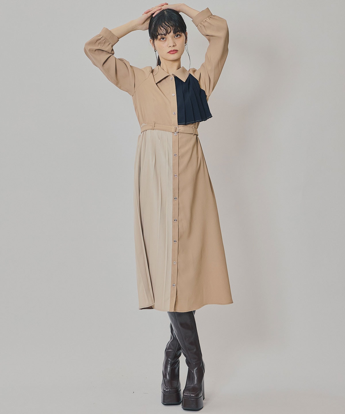 カラーブロックパネルアシメプリーツワンピース