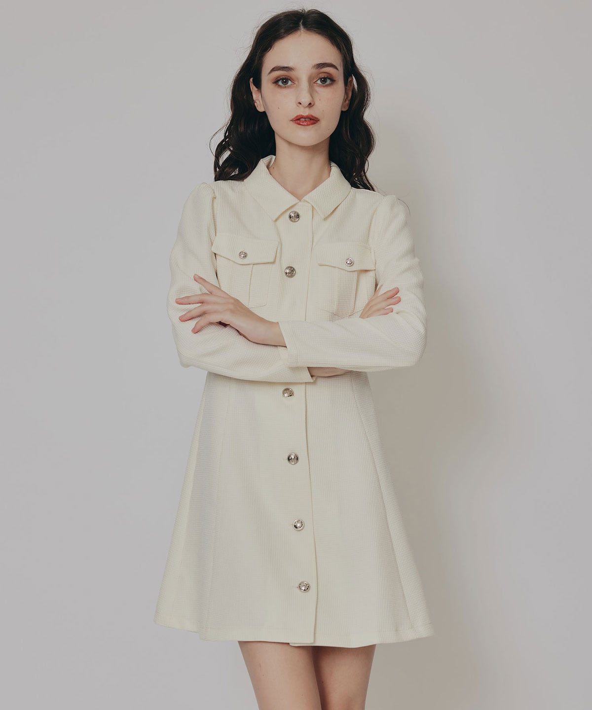 エンブレムボタンマイクロワッフルシャツワンピース