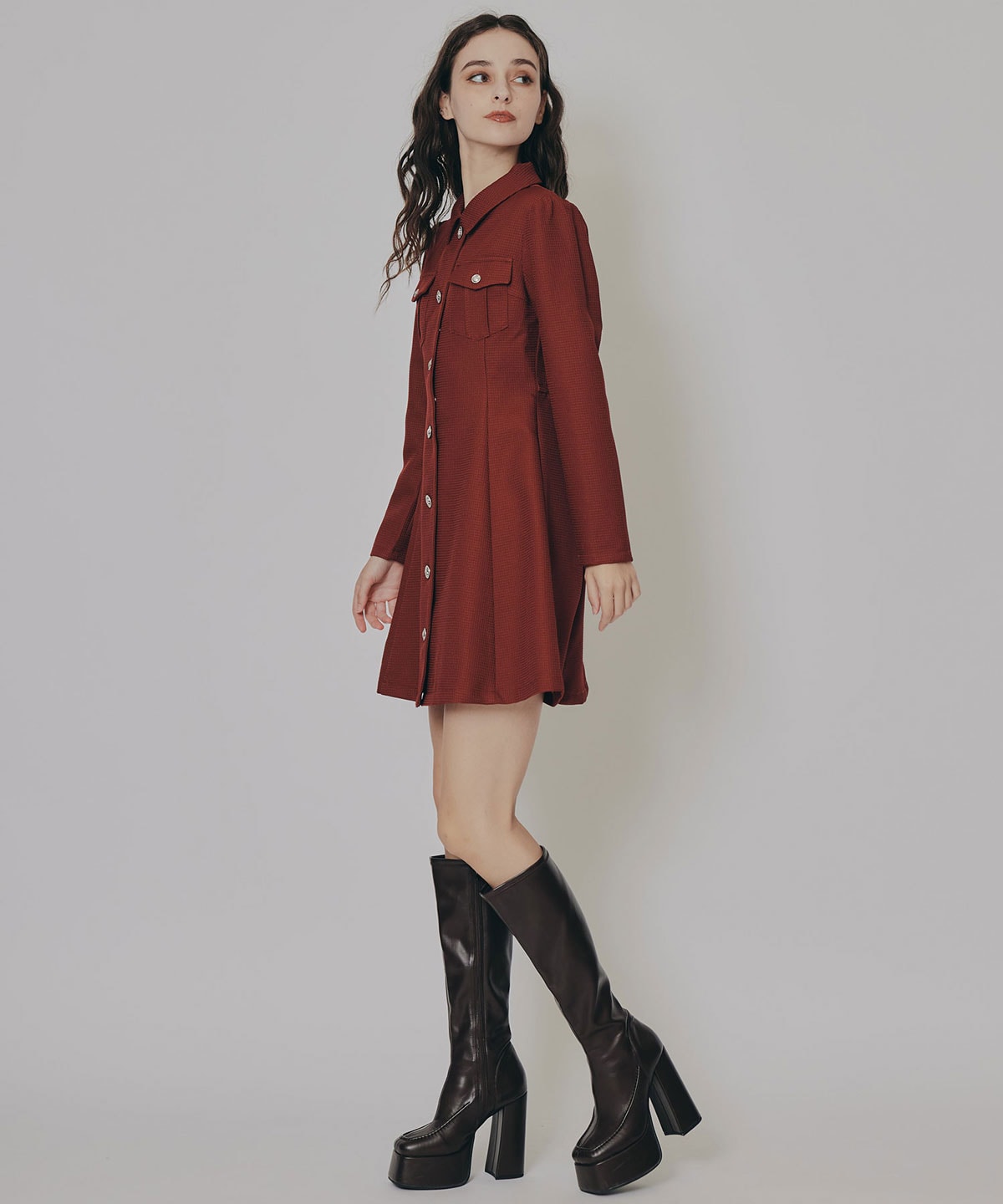 エンブレムボタンマイクロワッフルシャツワンピース