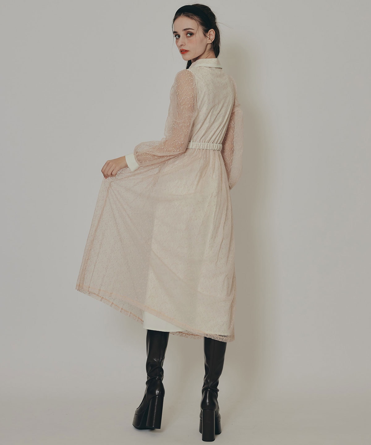 バイカラーレースプリーツロングスリーブワンピース