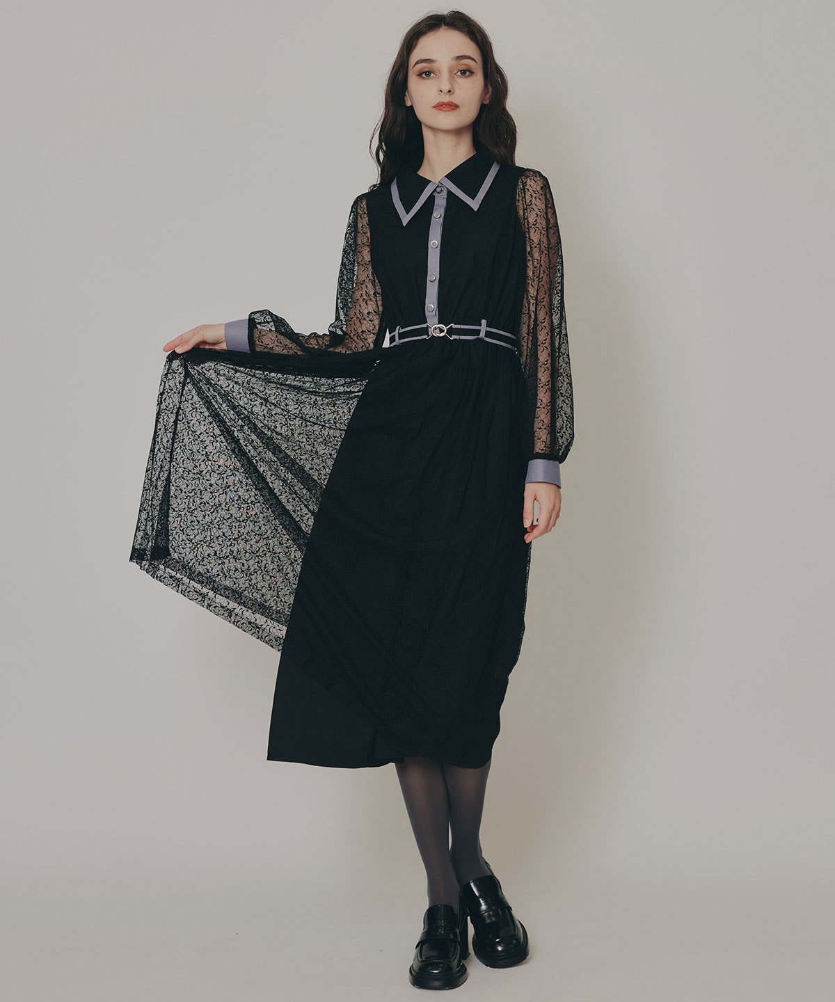 バイカラーレースプリーツロングスリーブワンピース