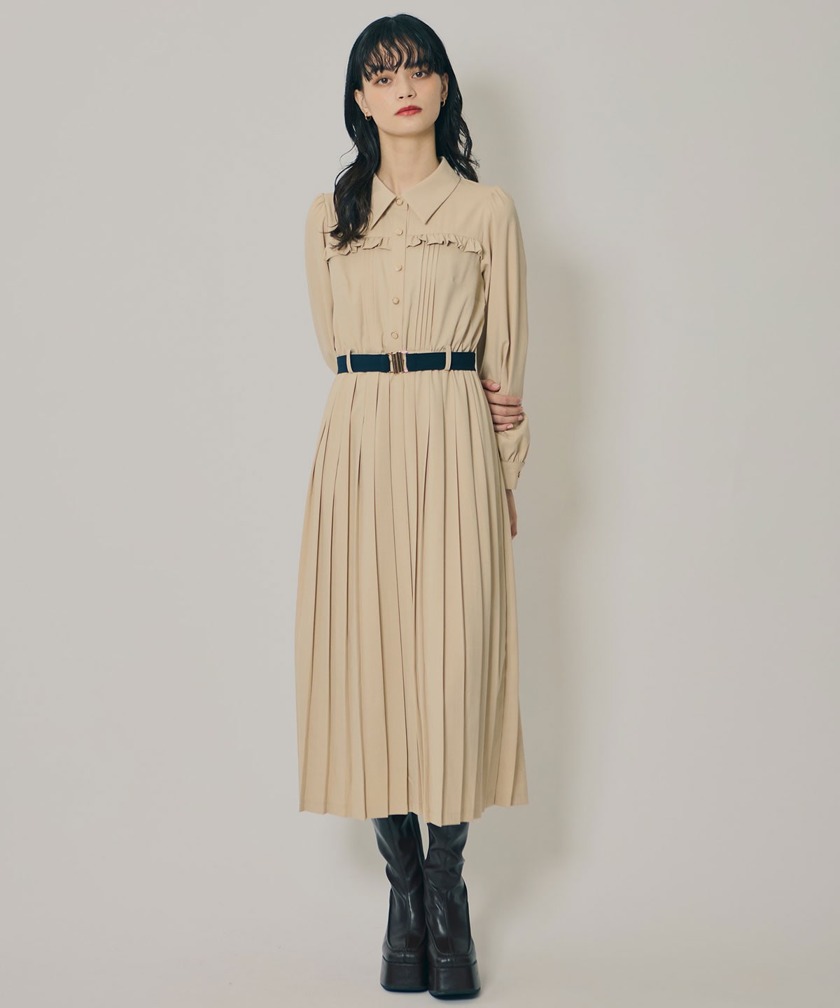 プリーツボウタイシャツロングワンピース
