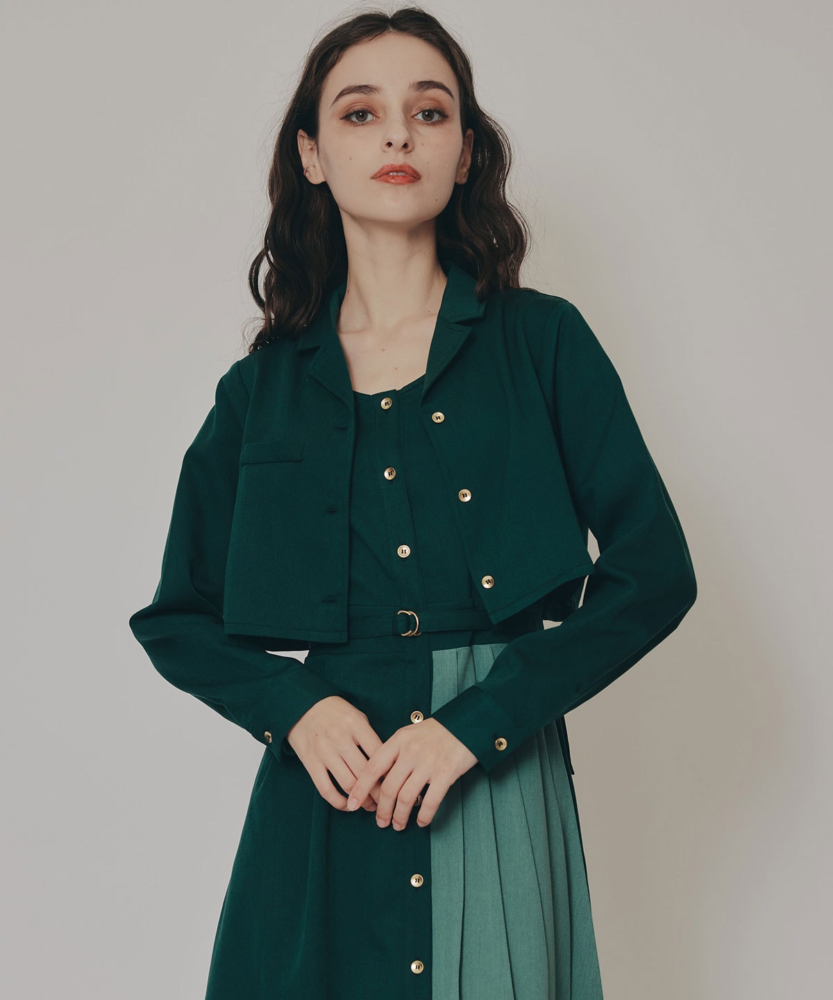 バイカラーアシメプリーツロングスリーブシャツワンピース