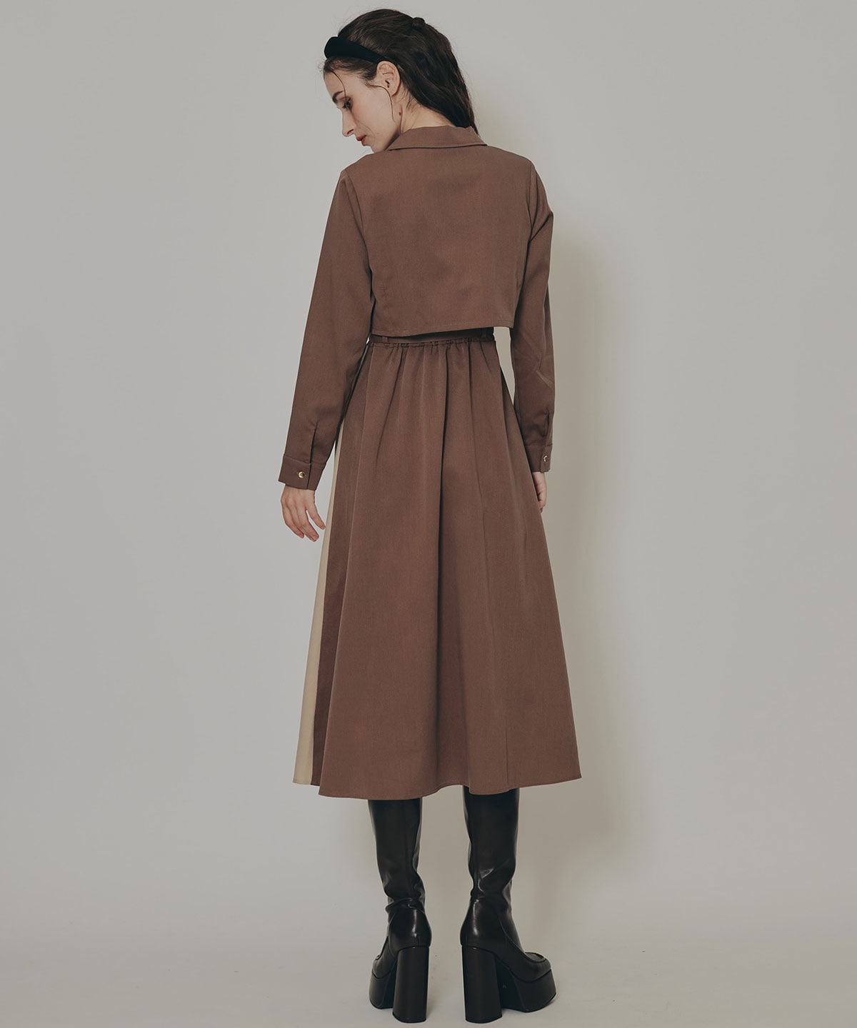 バイカラーアシメプリーツロングスリーブシャツワンピース