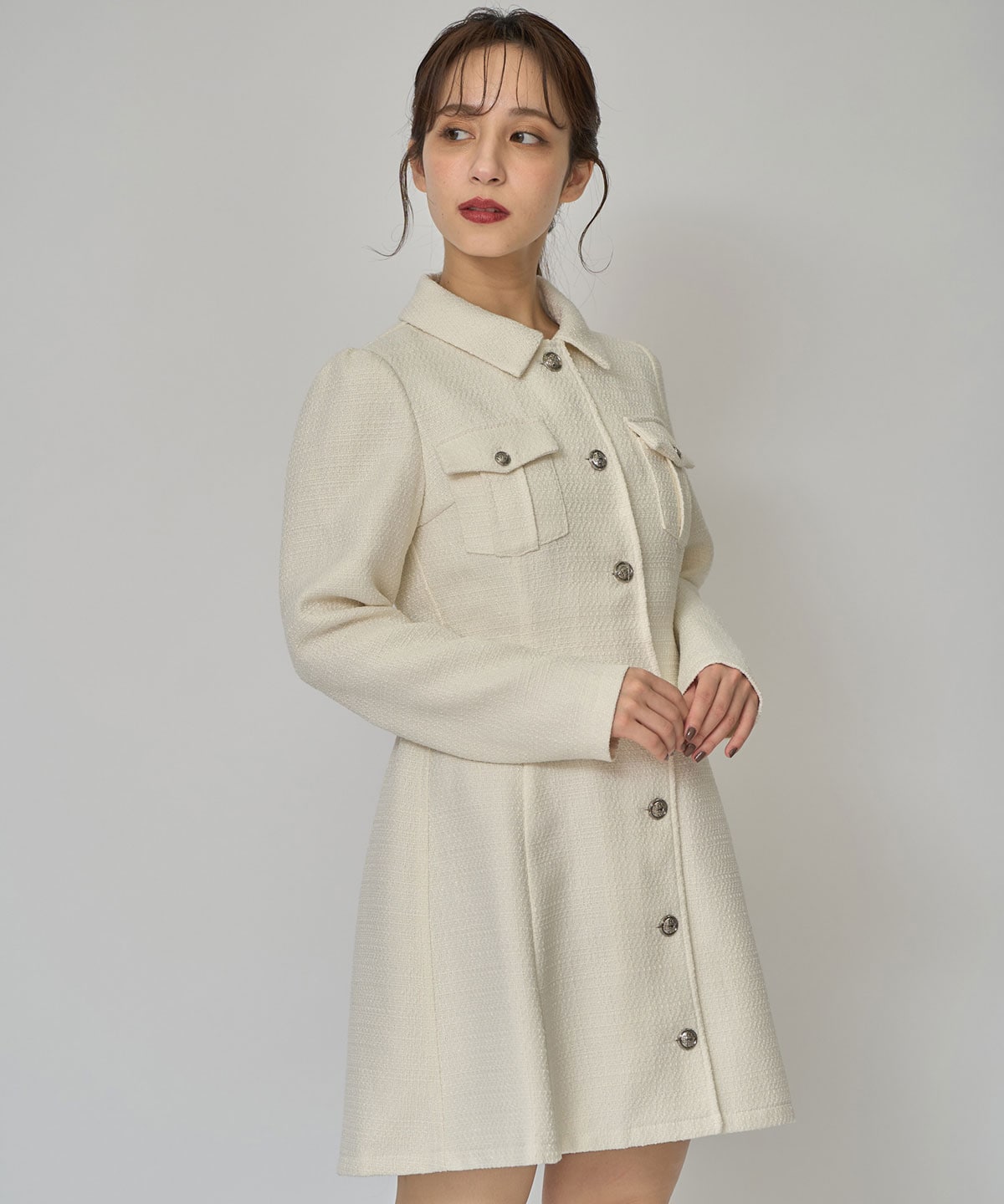 エンブレムボタンツイードシャツミニワンピース