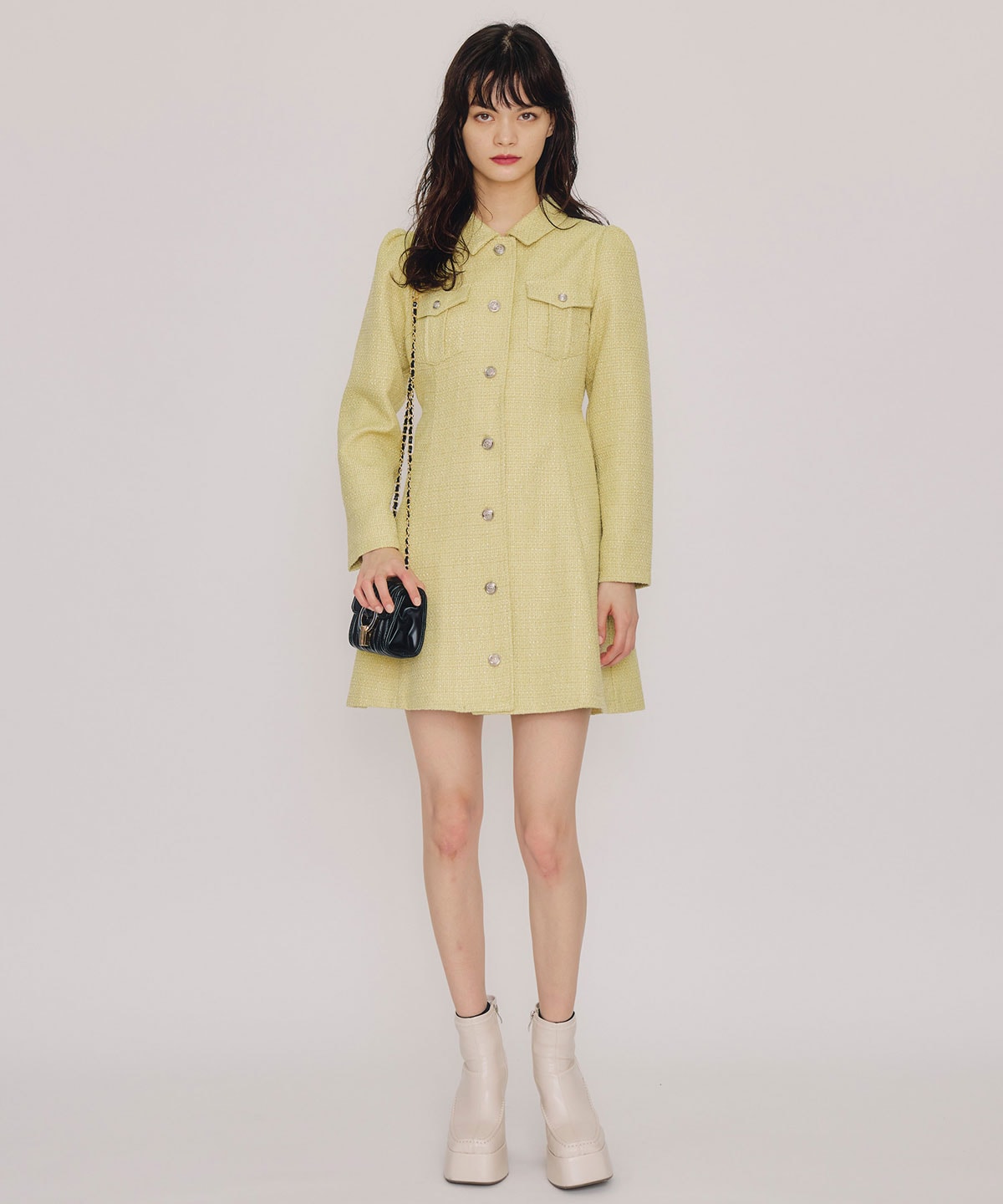 エンブレムボタンツイードシャツミニワンピース