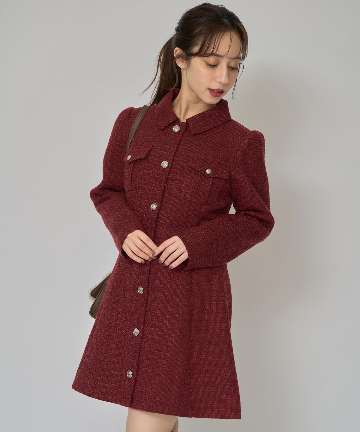 エンブレムボタンツイードシャツミニワンピース