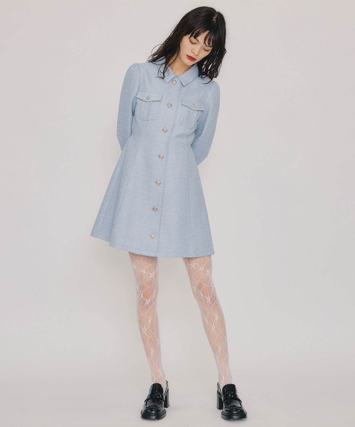 エンブレムボタンツイードシャツミニワンピース