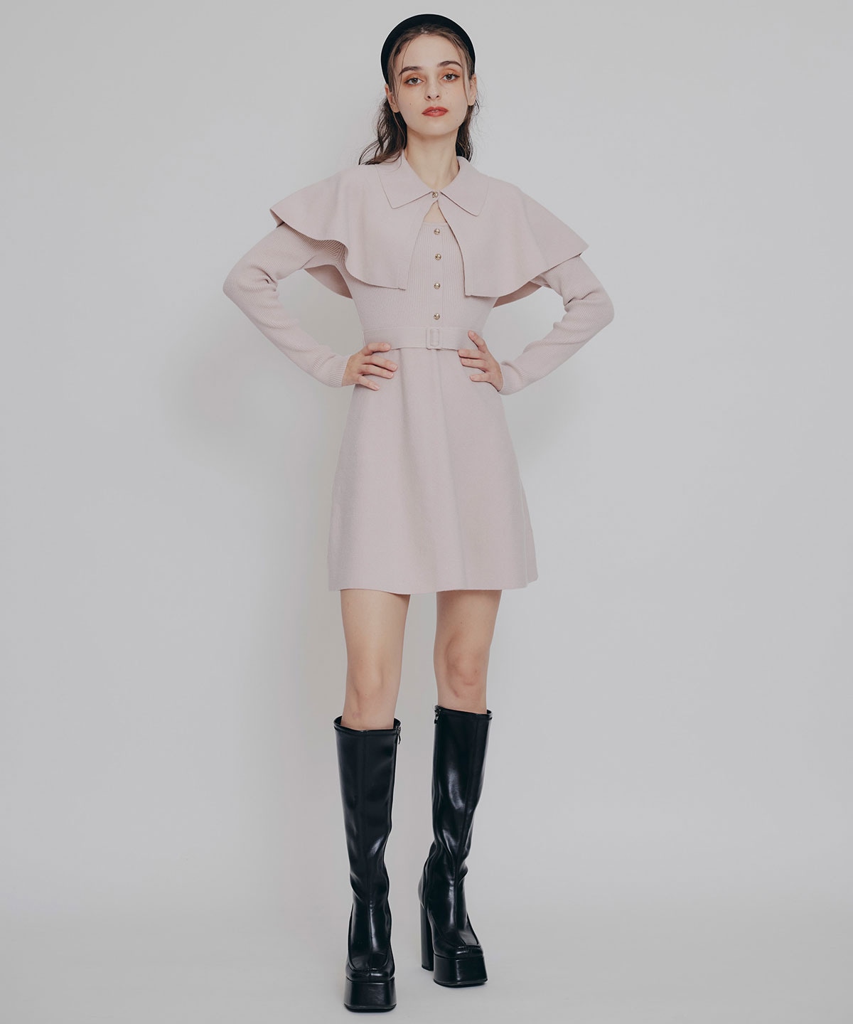 ケープSETニットフレアミニワンピース