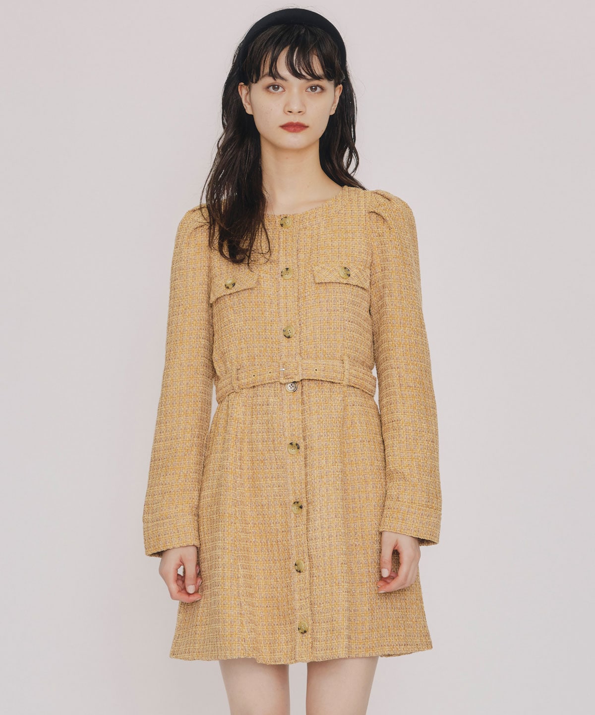 MIXツイードパフスリーブミニワンピース