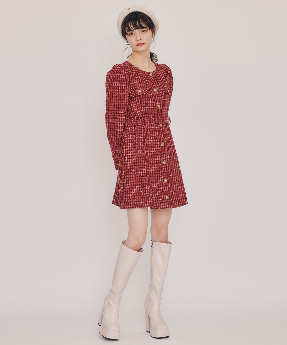 MIXツイードパフスリーブミニワンピース