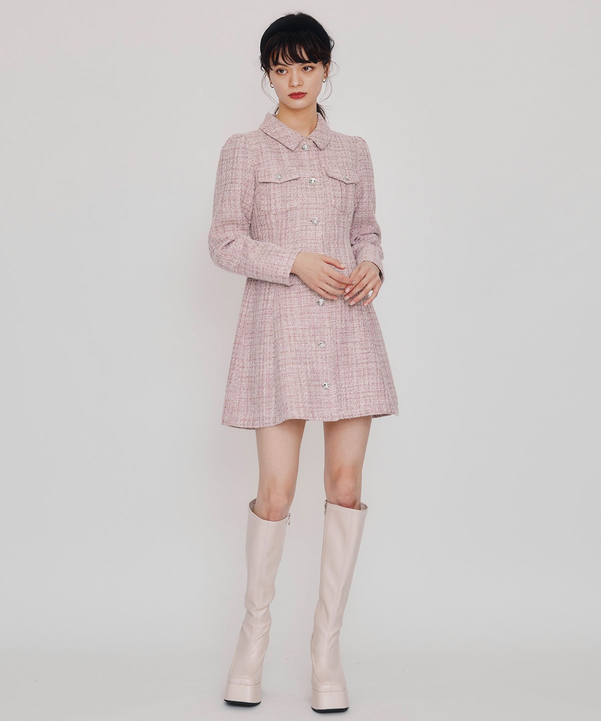 ビジューボタンファンシーツイードシャツミニワンピース