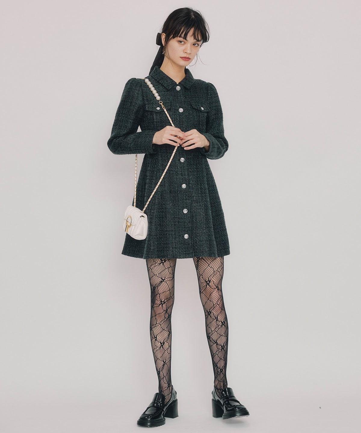 ビジューボタンファンシーツイードシャツミニワンピース