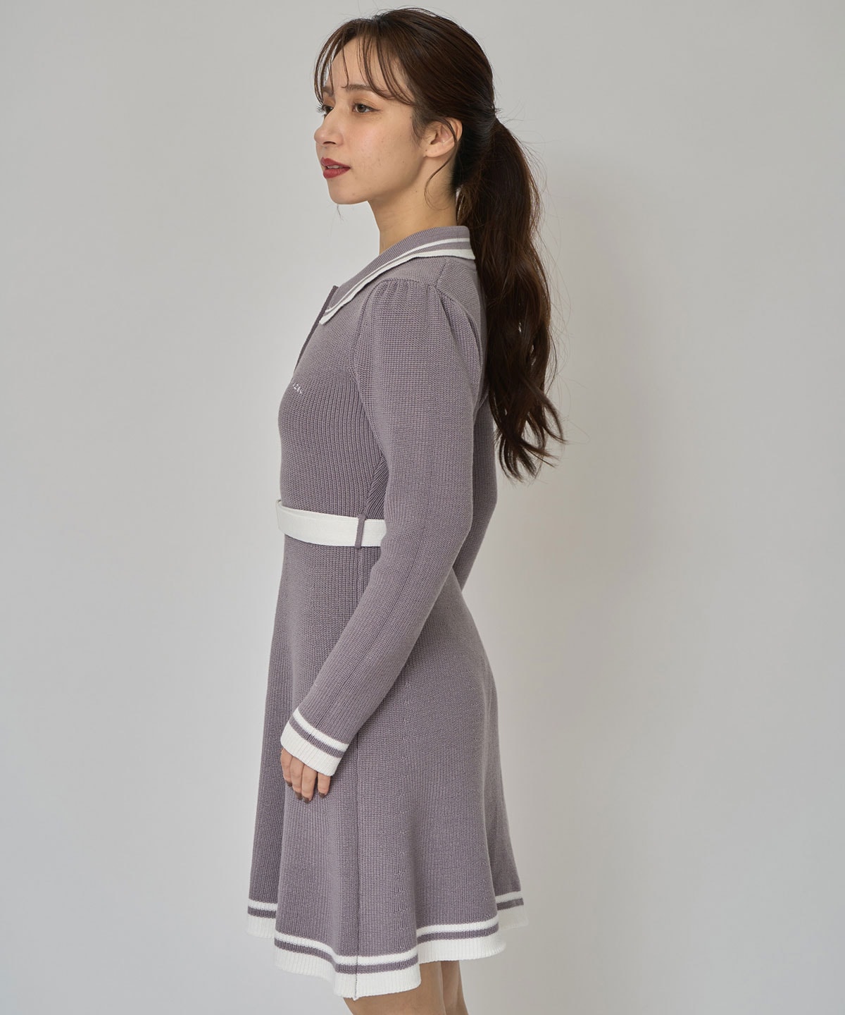 バイカラーポロニットロングスリーブミニワンピース