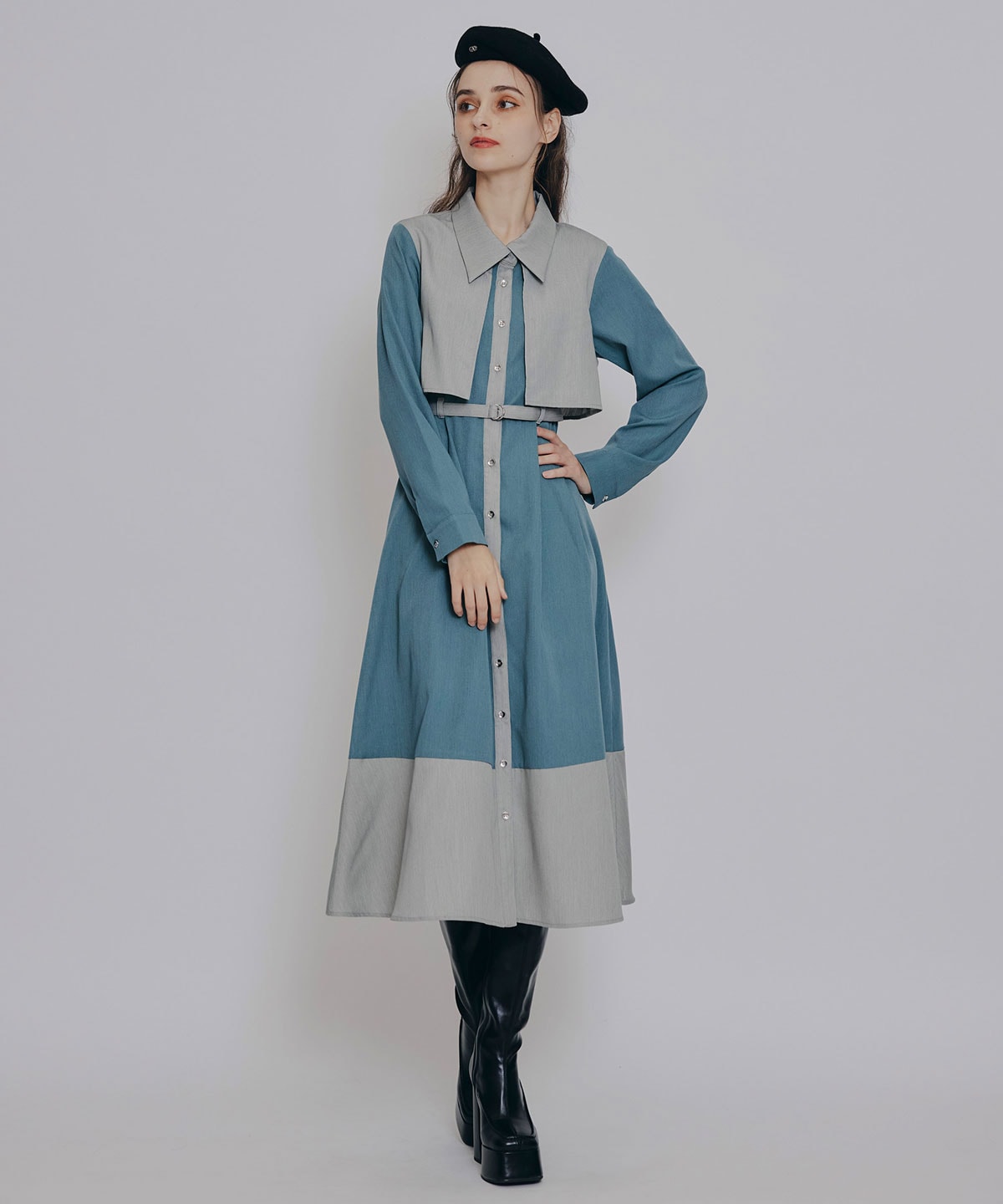 カラーブロッキングシャツロングフレアワンピース