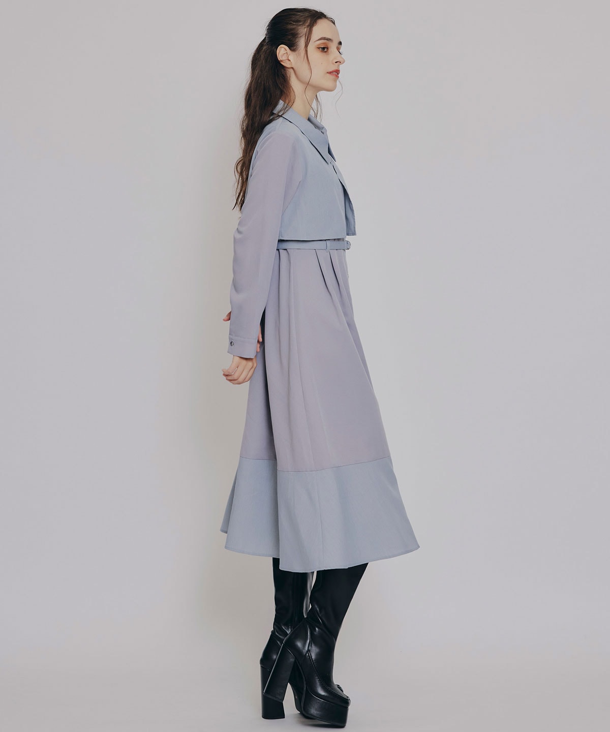 カラーブロッキングシャツロングフレアワンピース