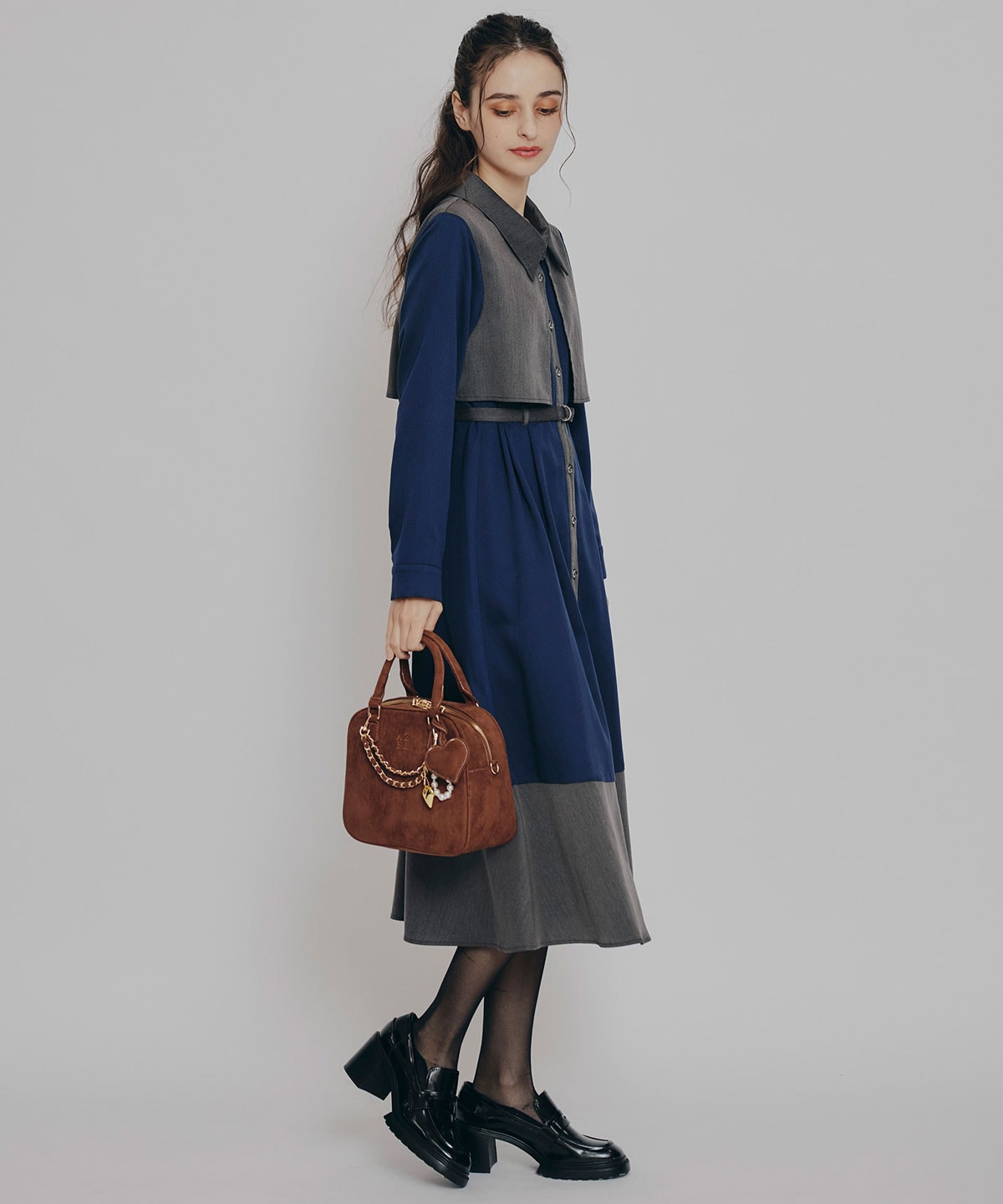 カラーブロッキングシャツロングフレアワンピース