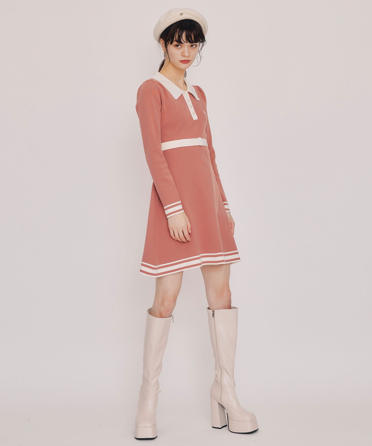 バイカラーポロニットミニワンピース