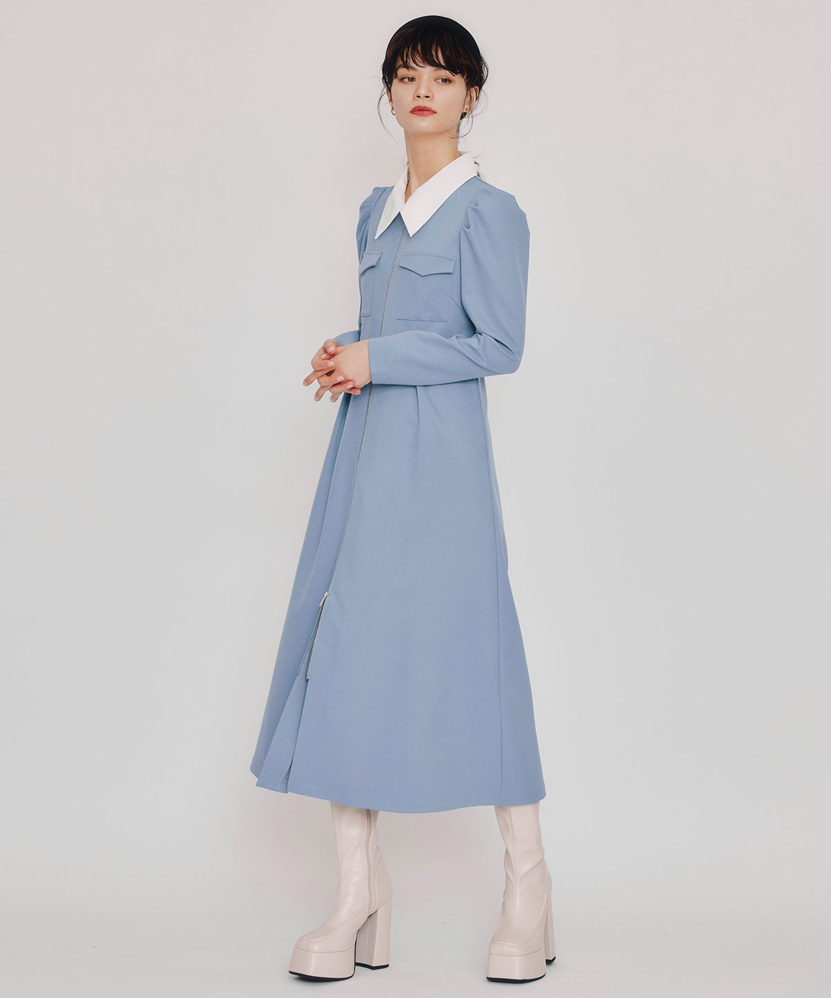 フロントZIPバイカラーロングワンピース