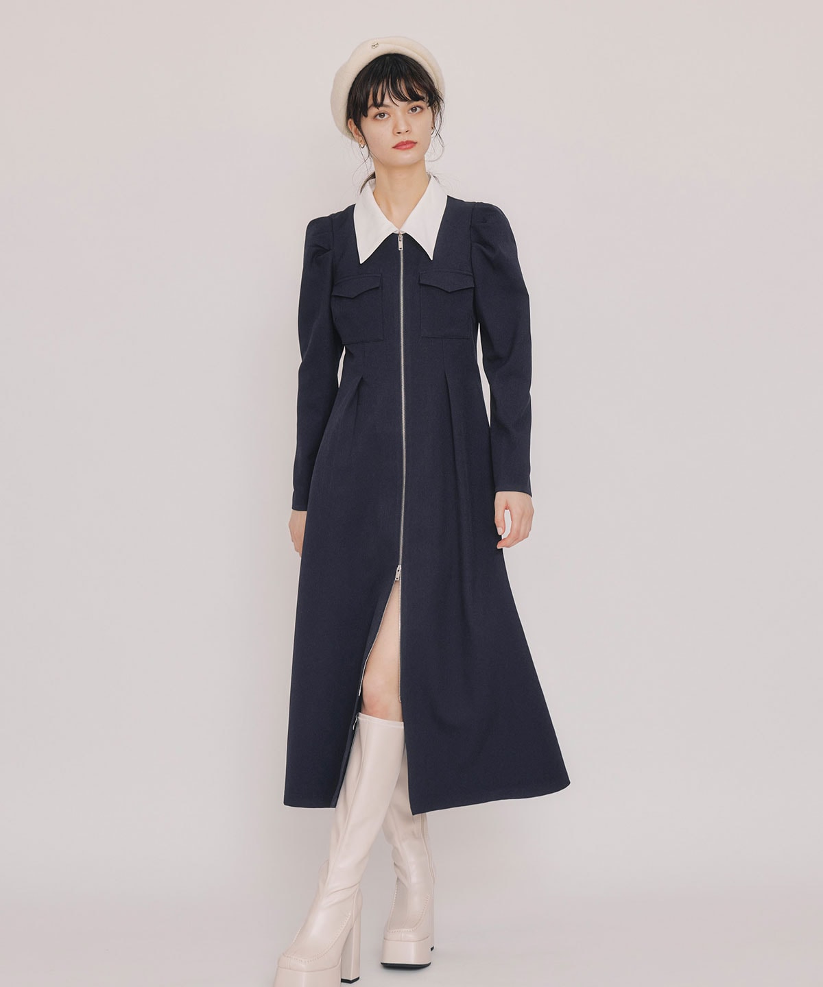 フロントZIPバイカラーロングワンピース