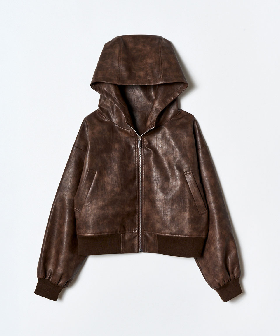ヴィンテージライクレザーフーディブルゾン